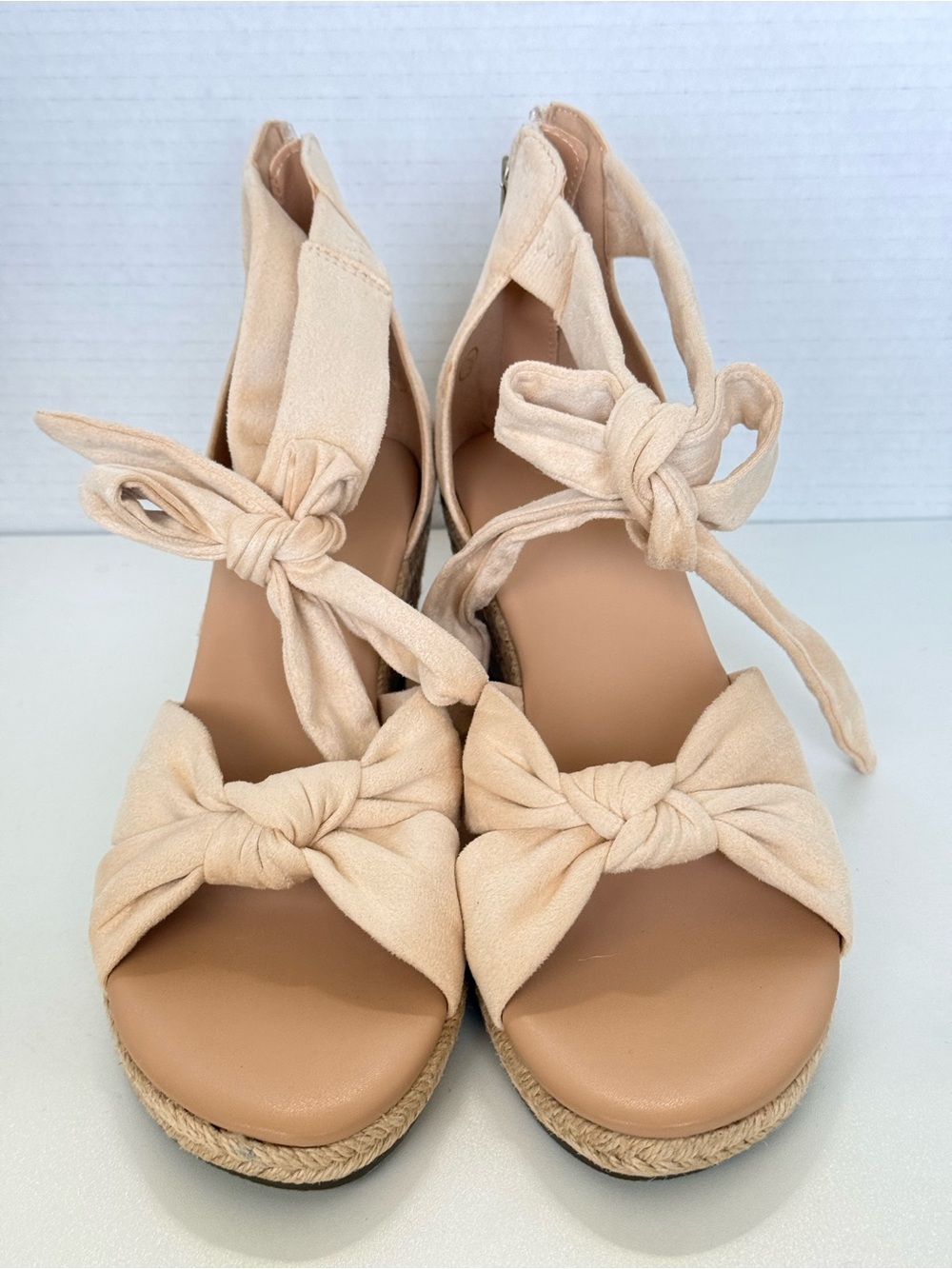 ZBY Beige Espadrille Wedge Sandals Knotted Strappy Platform Heels 7.5